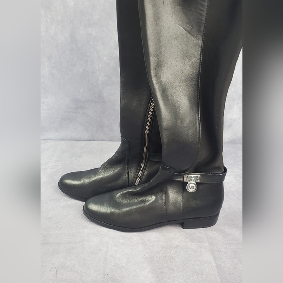 MK Leather Tall Boots Ankle Strap Silver Padlock Medallion Side Zip Riding 8.5M - Picture 2 of 13